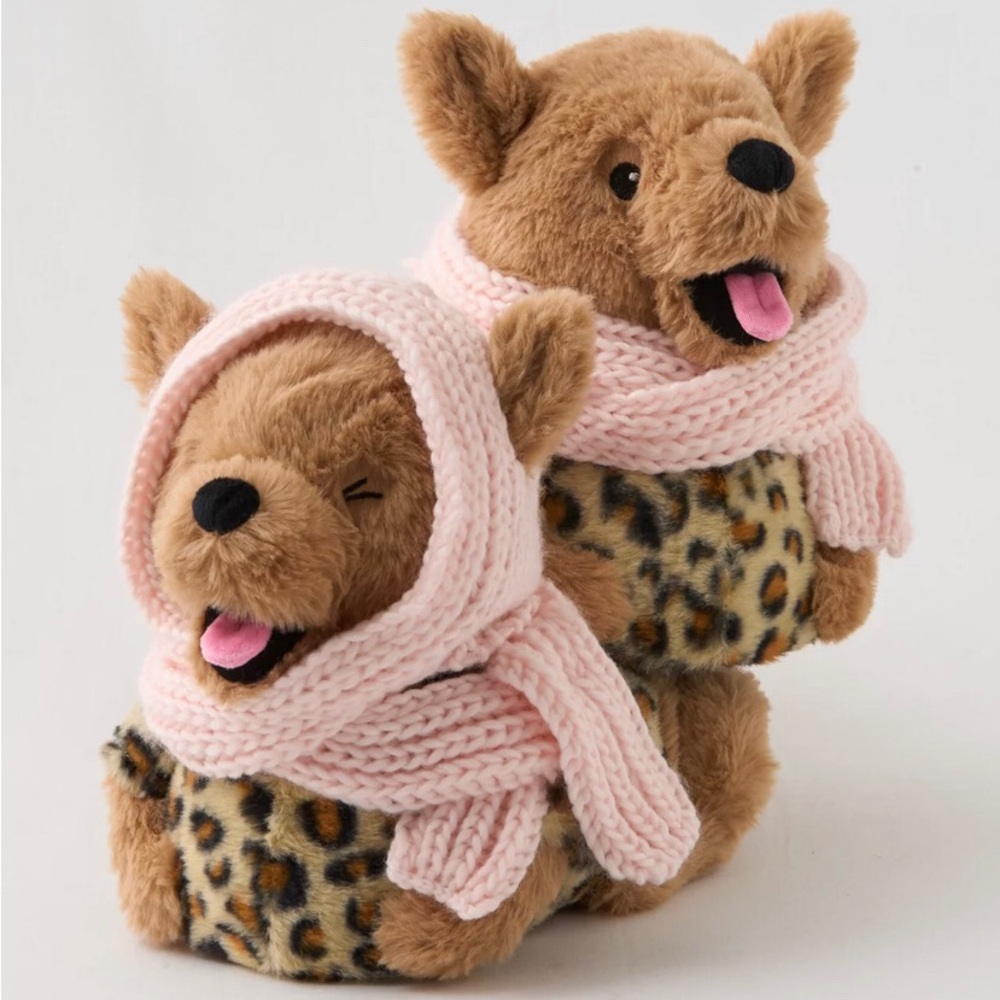 aerie slippers woman M(7/8) Plush Double Dog  in Brown with Pink Scarf
